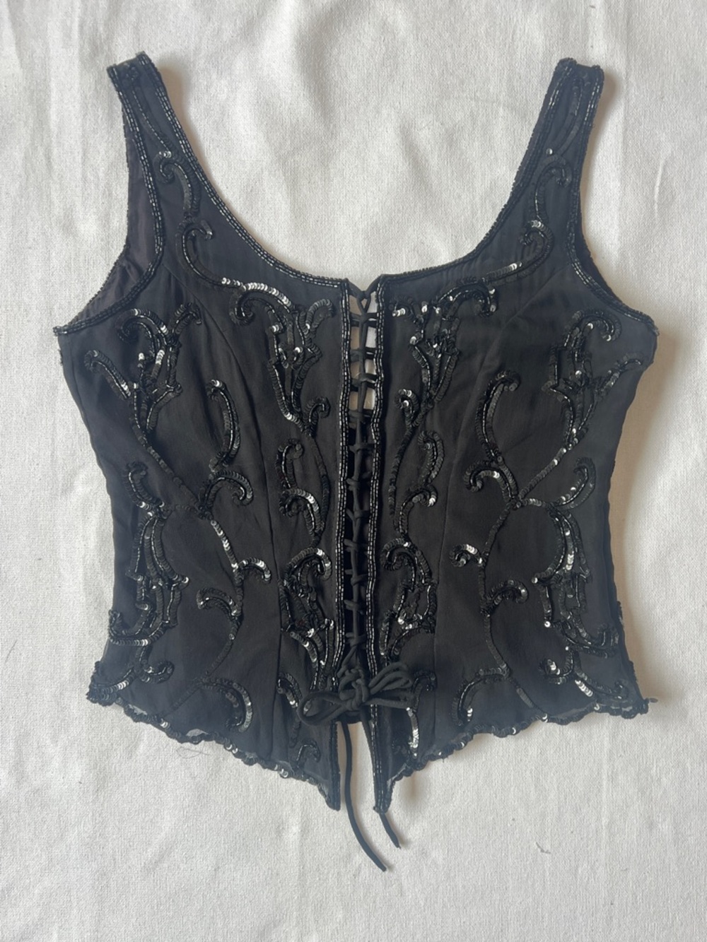 💯SILK black corset top/bustier sequins beads Italy sz6 adjustable lace-up front